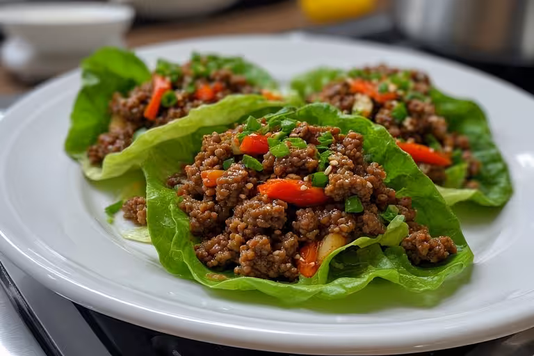  A healthy serving idea for the ground beef and veggies stir fry: in fresh lettuce cups.