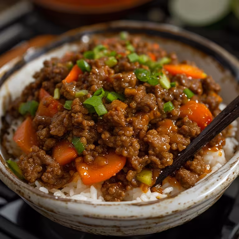 A close-up image of a finished bowl of ground beef and veggies stir fry, ready to be eaten.