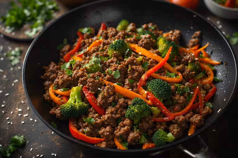A vibrant ground beef and veggies stir fry sizzling in a black wok, showcasing fresh broccoli and colorful bell peppers.