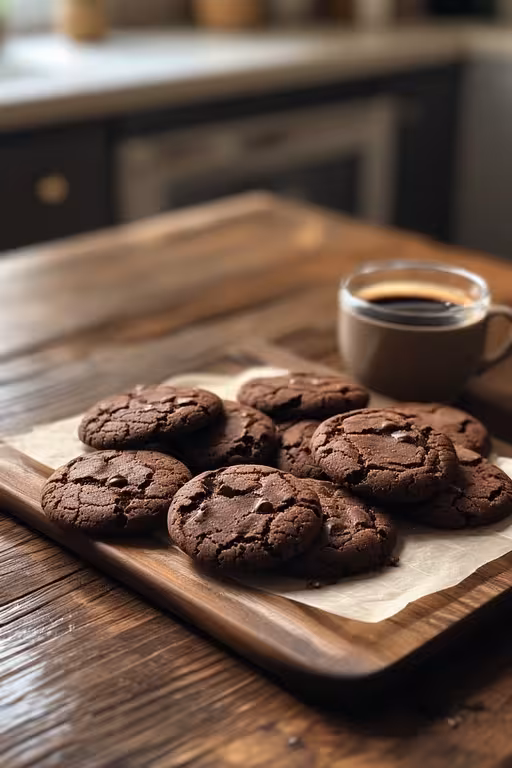 Wholesome healthy chocolate breakfast cookies arranged on a rustic wooden tray