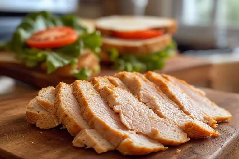 A beautiful arrangement of sliced chicken from a homemade chicken lunch meat recipe, with a fresh sandwich in the background.