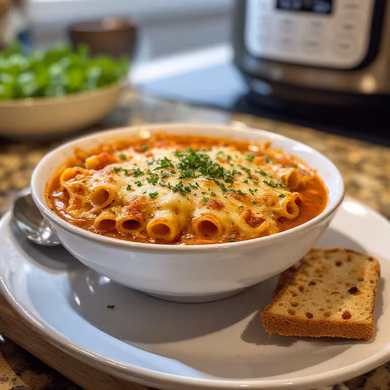 A finished bowl of homemade Chutney Life Instant Pot Lasagna Soup ready to eat.