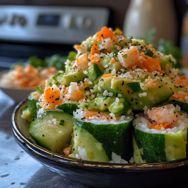 A close-up of the finished Logan California Roll Cucumber Salad Recipe.