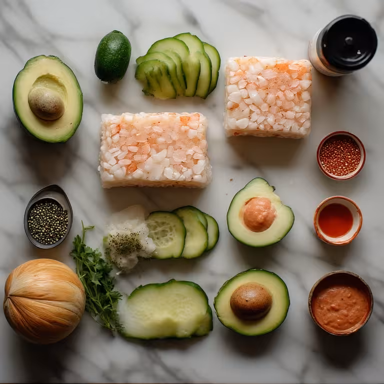 Ingredients for the Logan California Roll Cucumber Salad Recipe laid out on a table.