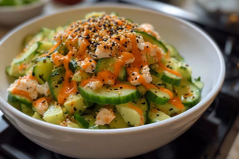 Fresh Logan California Roll Cucumber Salad featuring avocado, crab, and cucumber slices.