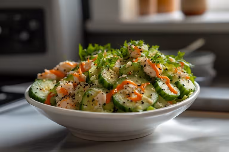 A delicious bowl of Logan California Roll Cucumber Salad Recipe with fresh avocado and crab.