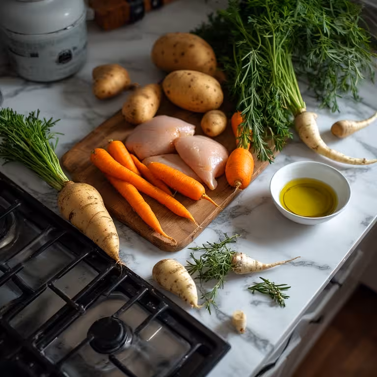 Fresh ingredients for a low histamine dinner recipe, including chicken, carrots, and rosemary.