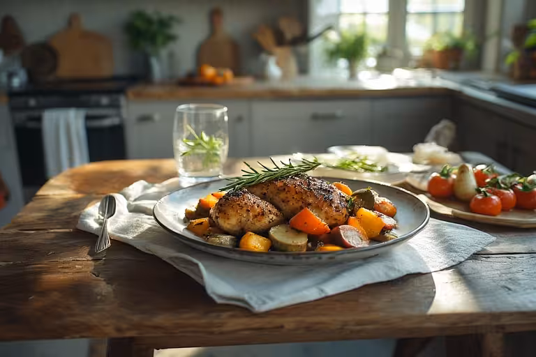 Rosemary chicken with roasted carrots and sweet potatoes on a white plate, a simple low histamine dinner recipes meal.