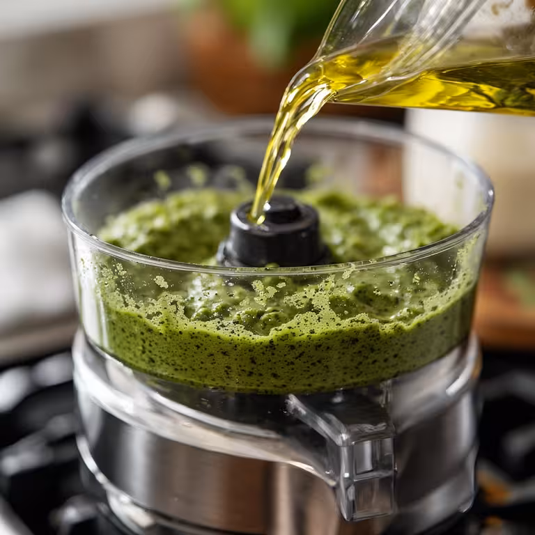 Making a creamy pesto recipe without pine nuts by streaming olive oil into a food processor.