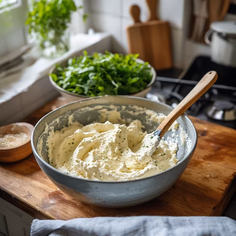 mixing caramelized onion french onion dip in bowl