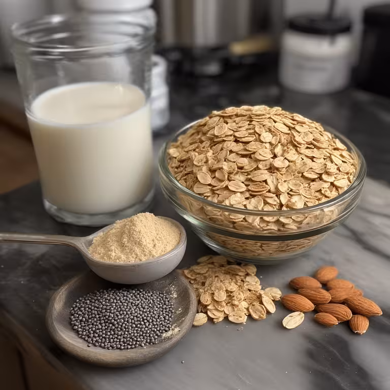 Ingredients for making overnight oats with protein powder: oats, milk, protein powder, and chia seeds.