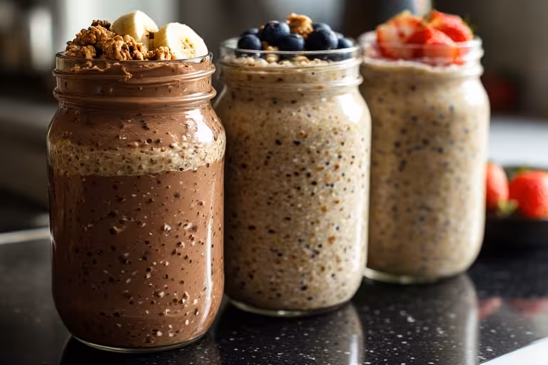 Various flavor combinations of overnight oats with protein powder, including chocolate, vanilla, and strawberry.