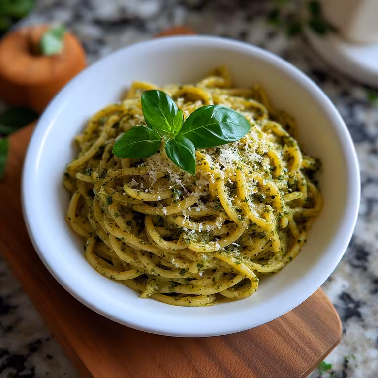 A white bowl of pasta tossed with the best pesto sauce without pine nuts, garnished with Parmesan.
