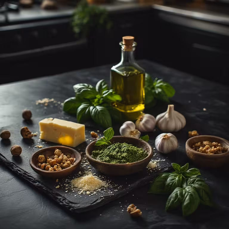  Ingredients for the best pesto without pine nuts, including fresh basil, walnuts, garlic, and Parmesan cheese.