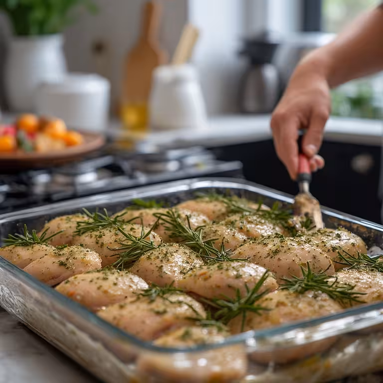 Preparing an easy low histamine dinner recipe by seasoning chicken with fresh rosemary.