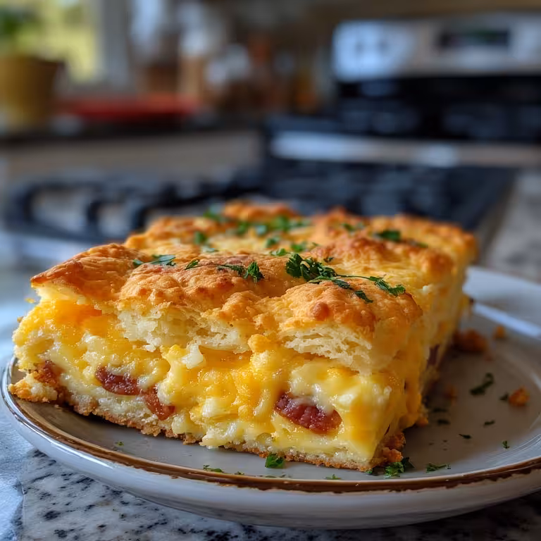 Recipe card image for the best bacon egg and cheese biscuit casserole.