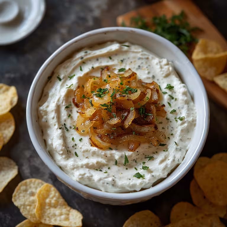 recipe card french onion dip caramelized onions