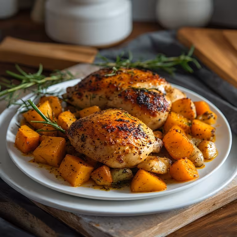 The finished plate for the easy low histamine dinner recipe of rosemary chicken.