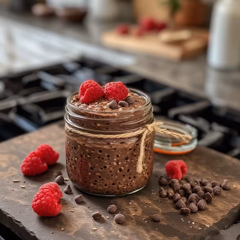 A finished jar of the best overnight oats with chocolate protein powder, ready to eat.