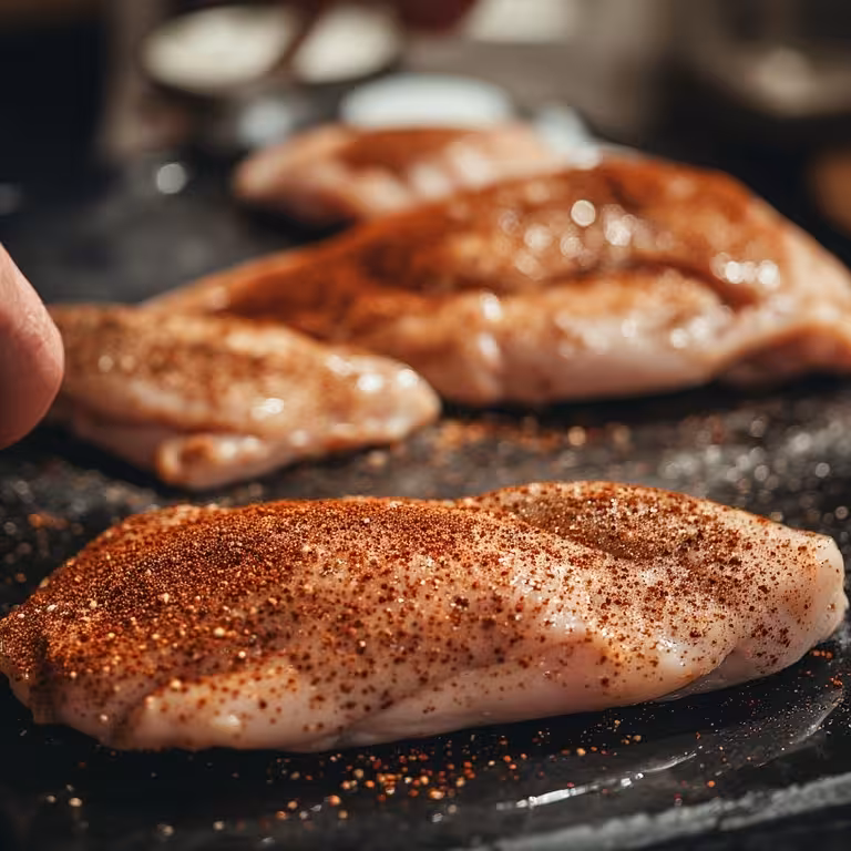 A close-up photo showing hands seasoning the chicken for the homemade chicken lunch meat recipe.