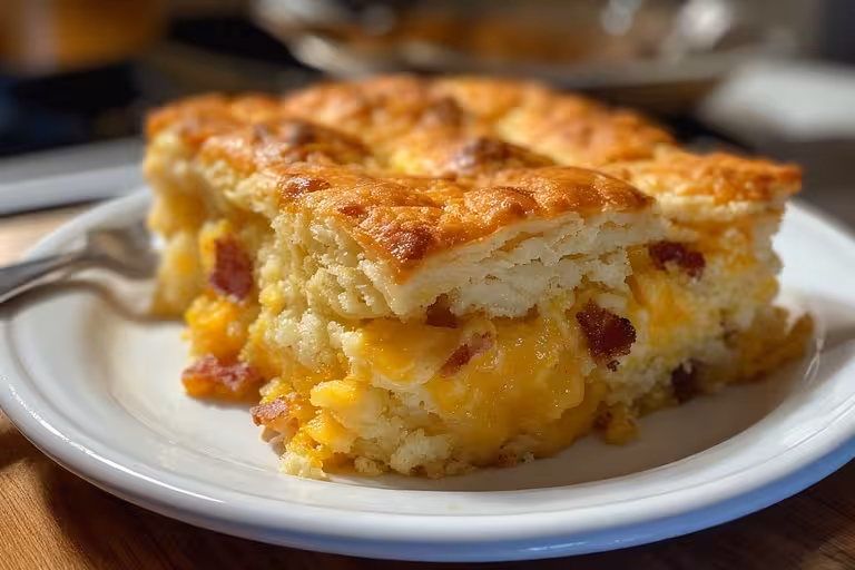A serving of warm bacon egg and cheese biscuit casserole on a plate.