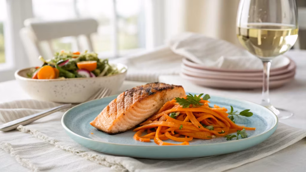 A serving of carrot ribbon salad on a plate next to grilled salmon.