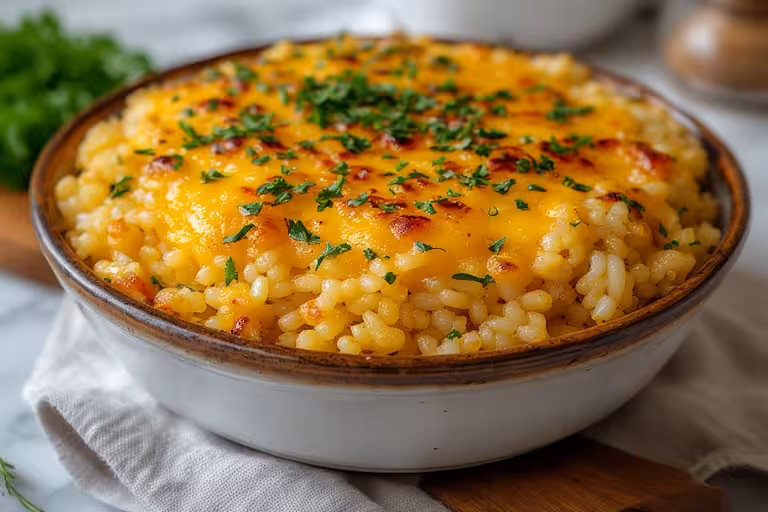 Serving cheesy rice recipe in a bowl