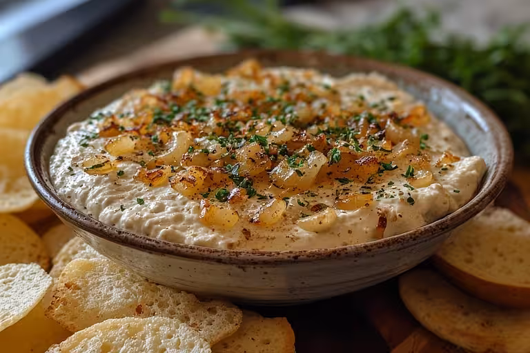serving french onion dip with caramelized onions