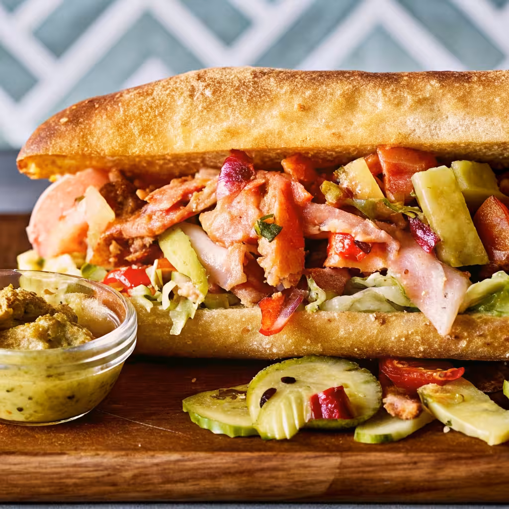 Two finished chopped sandwiches served in a basket, ready for a picnic