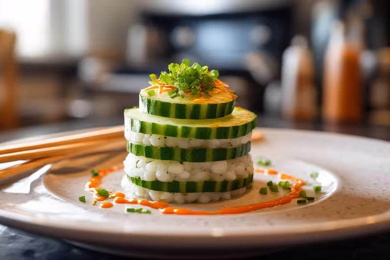 A beautifully plated serving of the Logan California Roll Cucumber Salad Recipe.