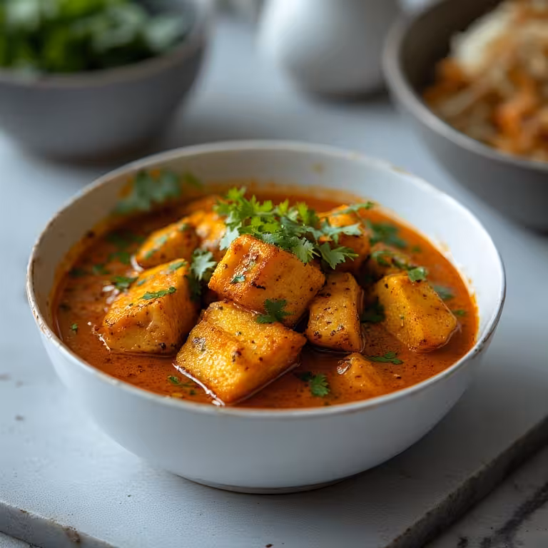 A simple bowl of the finished Thai coconut fish curry recipe, perfect for a recipe card.