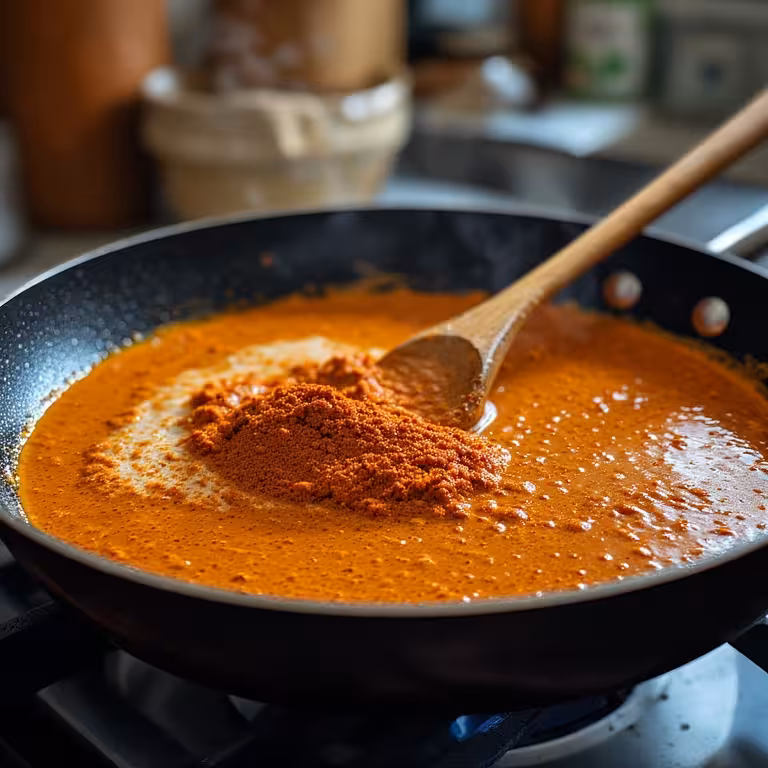 Blooming red curry paste in coconut cream for the Thai coconut fish curry recipe flavor base.
