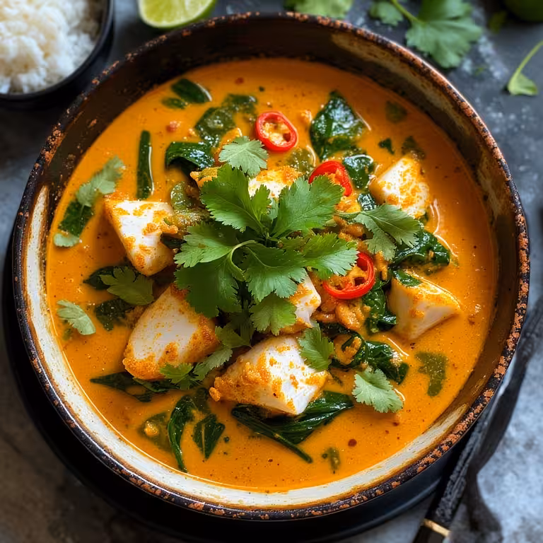 A bowl of creamy Thai coconut fish curry recipe topped with fresh cilantro and red chili peppers.