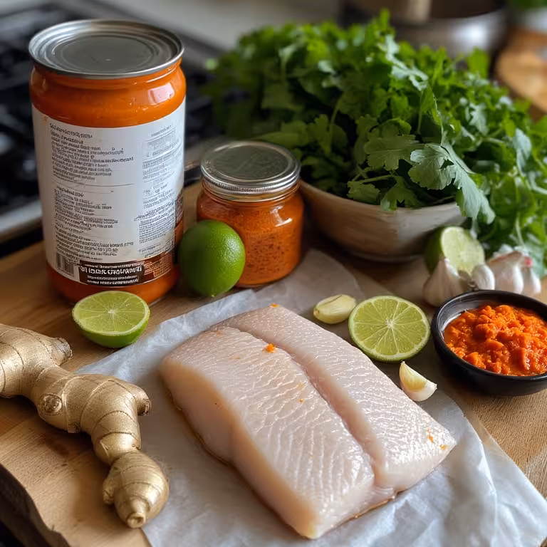 Fresh ingredients for the Thai coconut fish curry recipe, including cod, coconut milk, and curry paste.