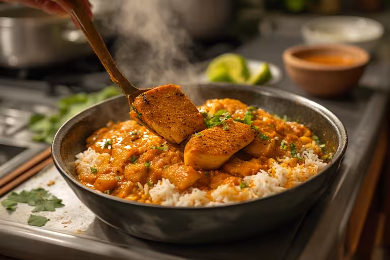 Serving the finished Thai coconut fish curry recipe over a bowl of steamed jasmine rice.