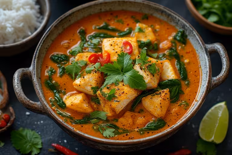 A bowl of delicious Thai coconut fish curry recipe, garnished with fresh cilantro and red chili.