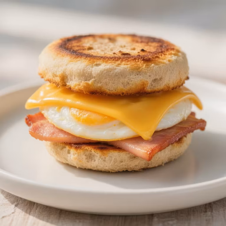 A gluten free breakfast sandwich with egg, cheese, and Canadian bacon on a toasted English muffin, captured in bright morning light.