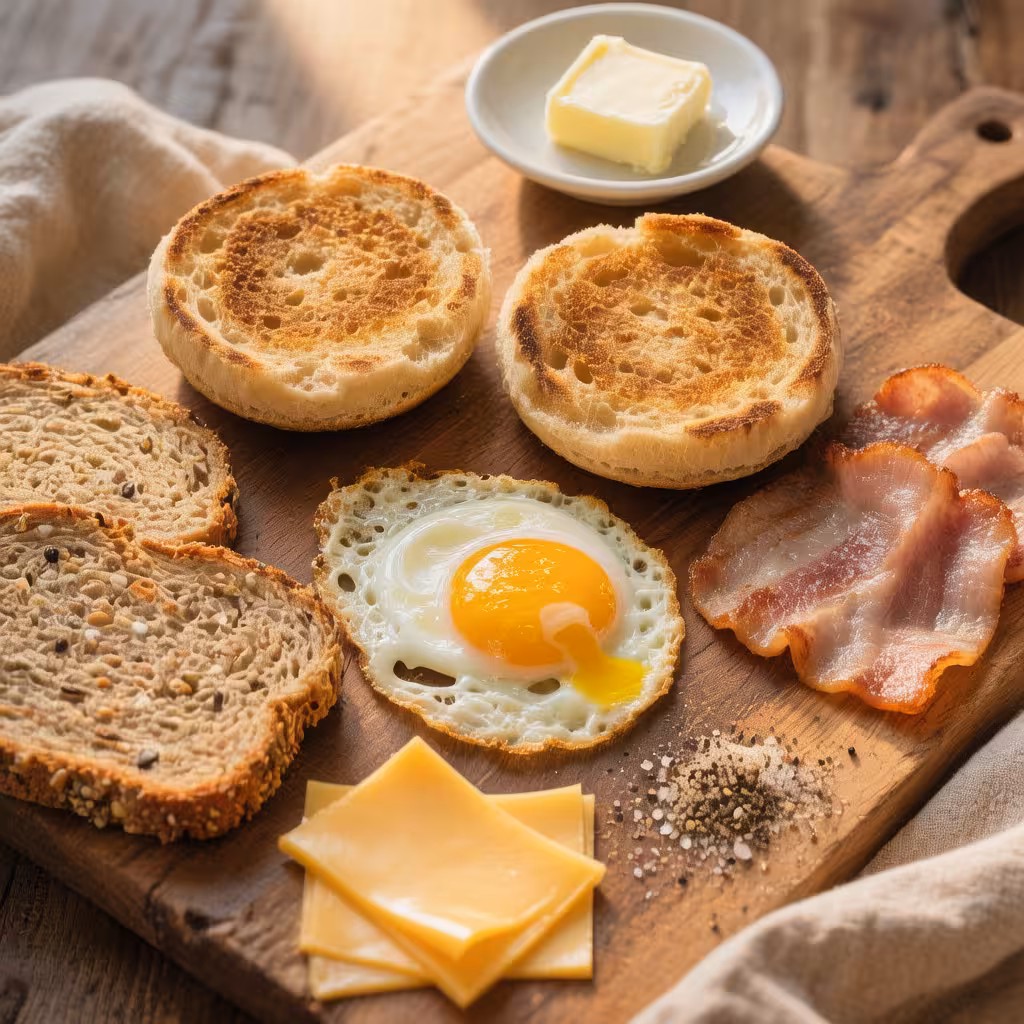 A beautifully arranged flat lay of gluten-free breakfast sandwich ingredients including toasted English muffins, Canadian bacon, cheese, and eggs on a rustic wooden surface in natural morning light.