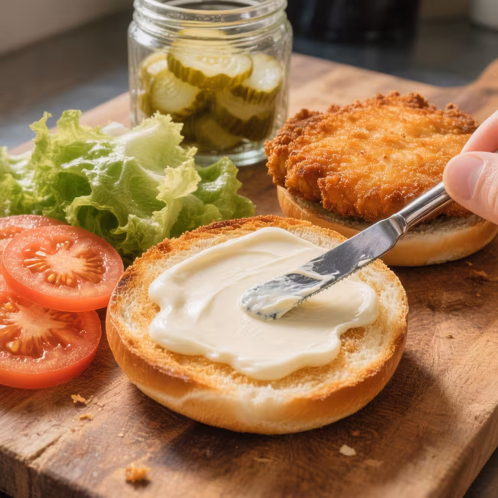 Assembling the final chicken cutlet sandwich by spreading mayonnaise on a toasted bun, with lettuce, tomato, and the crispy cutlet ready.