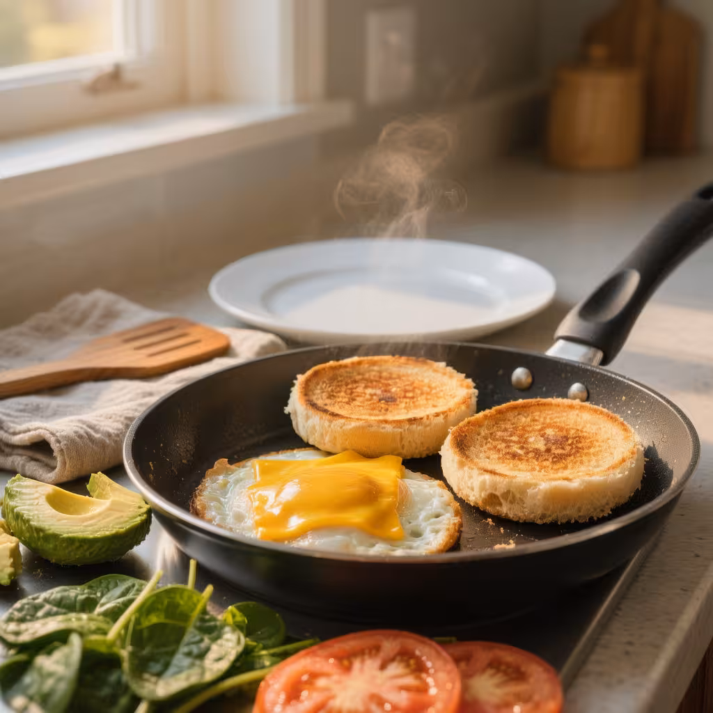 A one-pan gluten-free breakfast sandwich being assembled in a skillet with egg, melted cheese, avocado, and toasted English muffins under warm morning light.