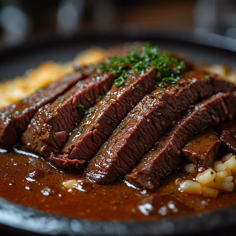 A close-up image of perfectly cooked beef cheek meat for a recipe card, showing its tender and juicy texture.