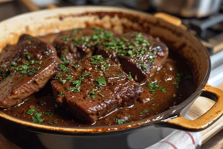 A Dutch oven filled with the best braised beef cheek meat, slow-cooked to perfection and garnished with fresh herbs for a flavorful dinner.