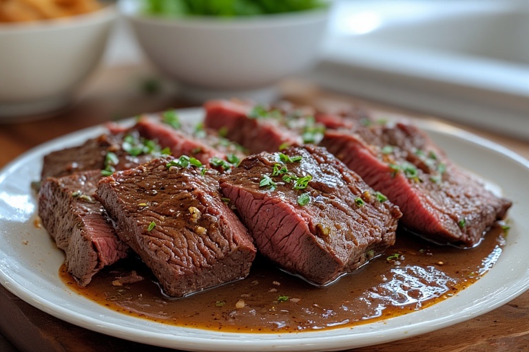 A rustic Dutch oven filled with tender, slow-braised beef cheek meat, simmered in red wine and herbs, creating a rich, flavorful dinner masterpiece