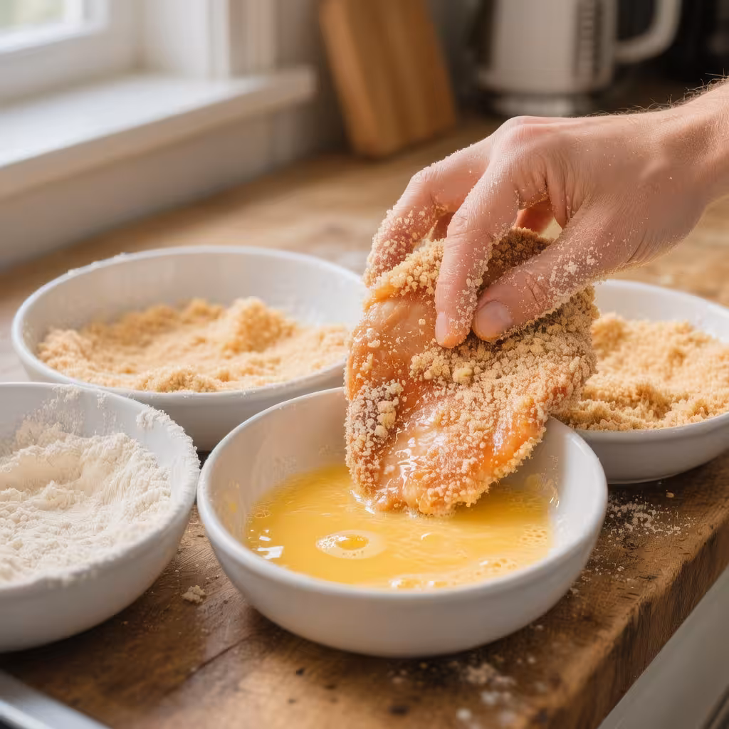 A chicken cutlet being dredged in a three-step breading station of flour, egg, and breadcrumbs for the crispy chicken cutlet sandwich recipe.