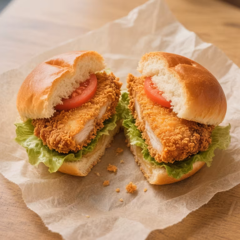 A close-up overhead photo of the finished chicken cutlet sandwich, cut in half