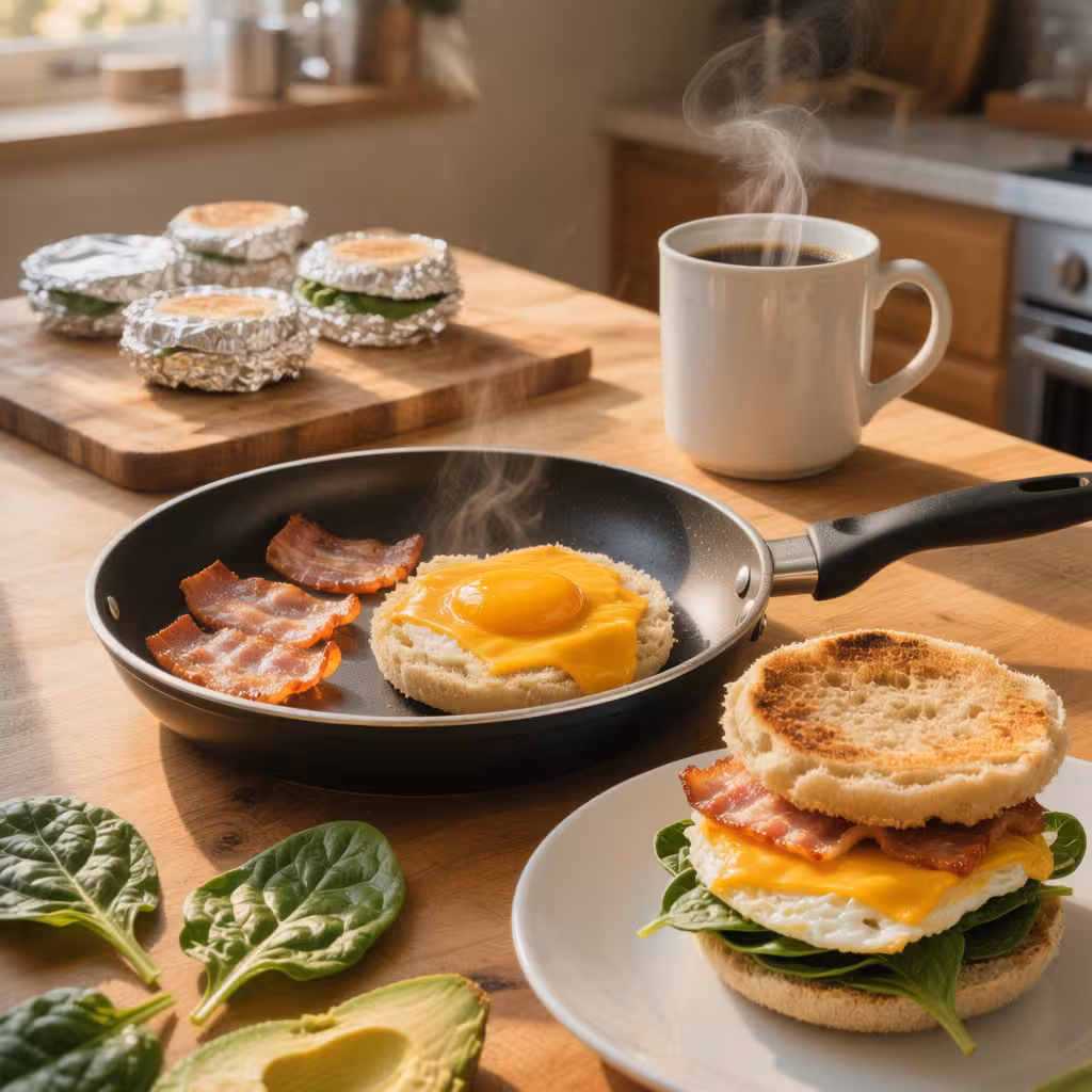 A warm kitchen scene showing every step of a gluten-free breakfast sandwich being made toasted English muffin, egg with melted cheese, Canadian bacon, and avocado, served beside a cup of coffee in morning sunlight.