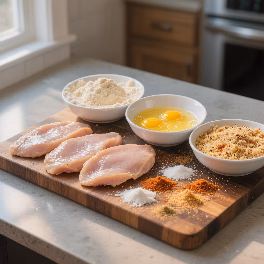 Ingredients for easy crispy chicken cutlets, showing raw chicken, flour, eggs, breadcrumbs, and spices like paprika and garlic powder.