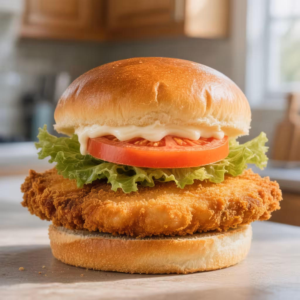 A delicious, easy chicken cutlet sandwich recipe, showing the crispy chicken, lettuce, and tomato on a toasted brioche bun.