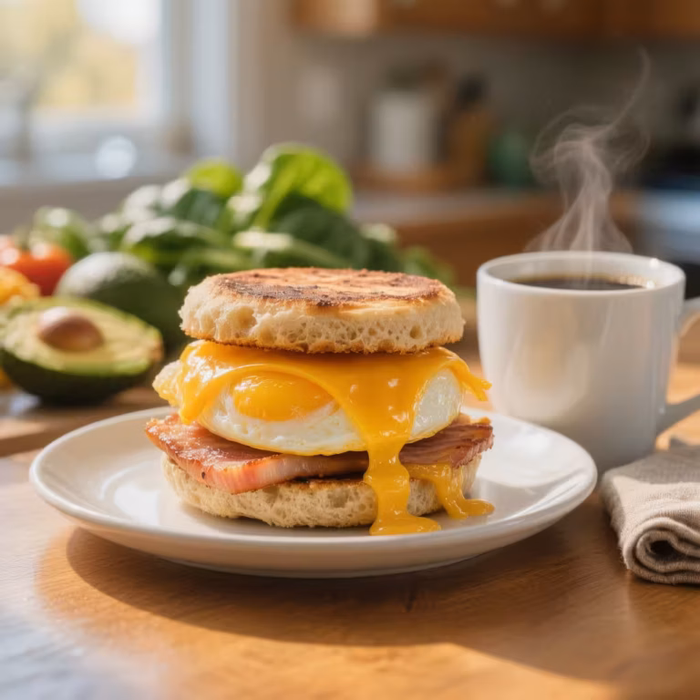 A freshly made gluten free breakfast sandwich on a toasted English muffin with egg, cheese, and Canadian bacon, served on a white plate beside a cup of coffee in bright morning light.