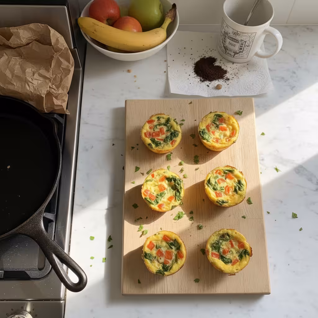 Top-down view of fluffy veggie egg white cups with colorful veggies on a rustic wooden board — a healthy, high-protein breakfast idea.